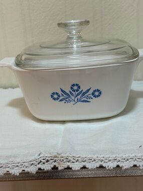 Corningware Vintagw White Casserole with Blue Floral Motif and Glass Lid